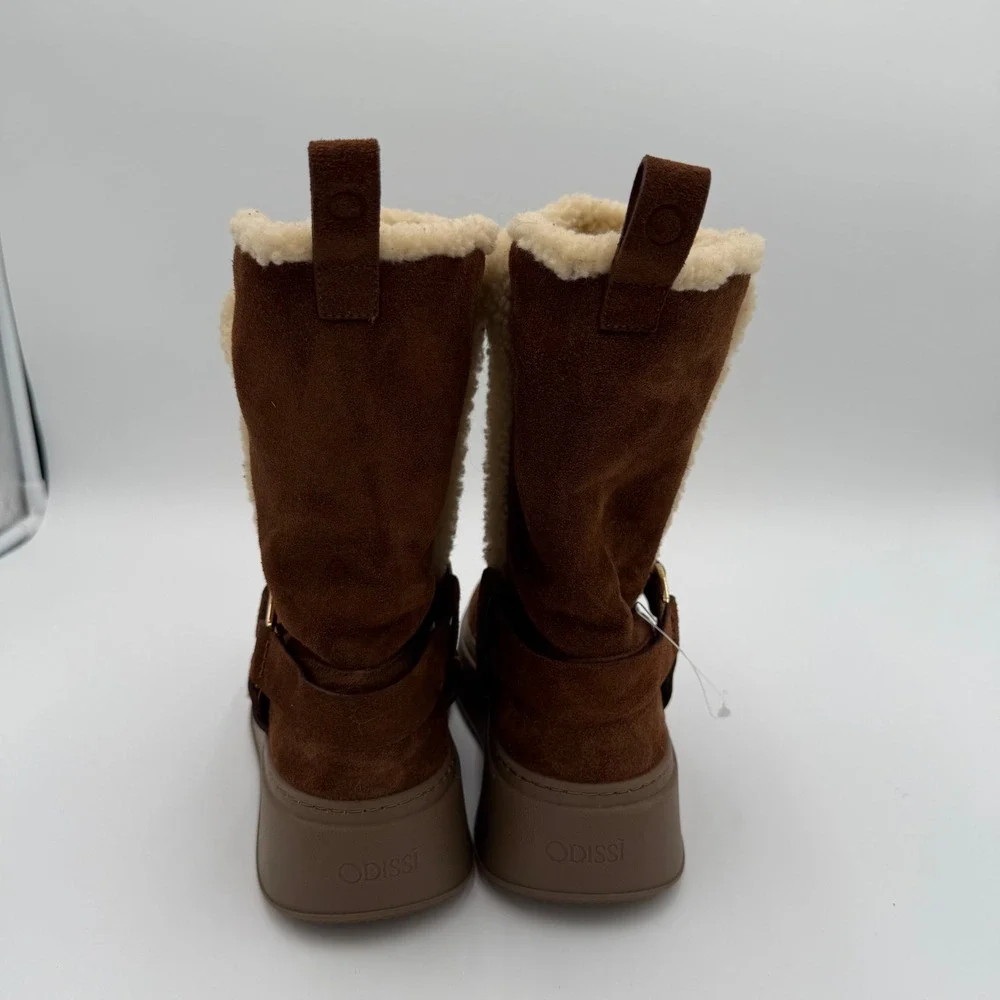NWOT Odissi Suki Suede Harness Winter Booties Shearling Lined Platform Boots 8.5